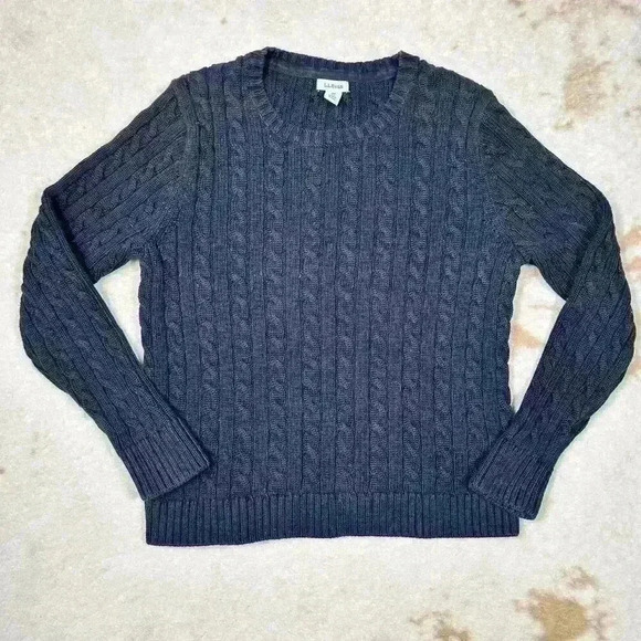 L.L. Bean Black Cozy Classic Cotton Cable Knit Sweater Women Med Petite Prepcore - Picture 1 of 8